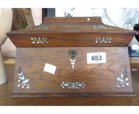 A Victorian rosewood sarcophagus shaped tea caddy with mother of pearl inlay and another stained pine caddy - both for restor