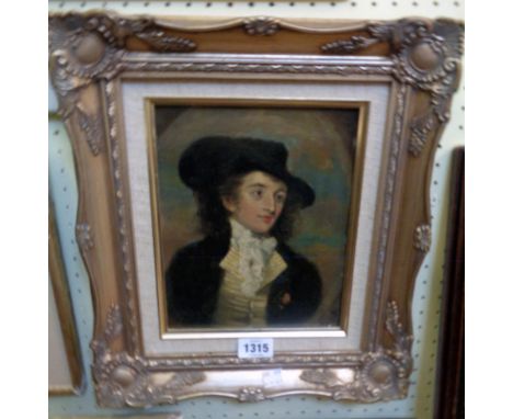 G. Dupont (attributed): an ornate gilt framed oil painting portrait of a Georgian gentleman wearing a hat and lace cravat cir