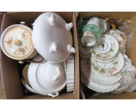 Two boxes containing various ceramics including Royal Worcester Pershore pattern flan dish, Royal Worcester hand painted bird