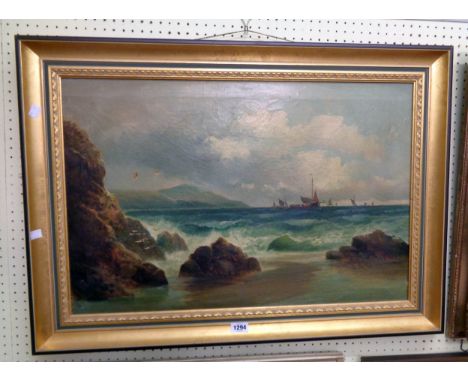 W. Richards: a gilt framed oil on canvas coastal seascape with sailing vessels in distance - signed - 19" X 29" - some holes 