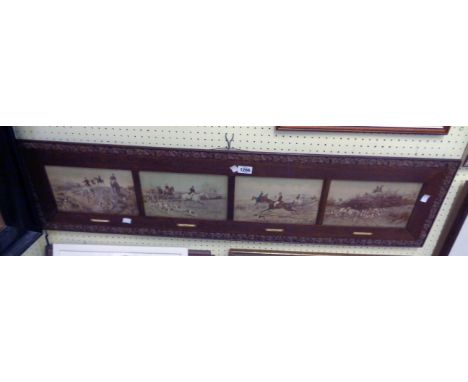 An early 20th Century ornate oak framed four image hunting print with titled tinted plates