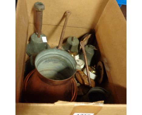 Six old shop bells, four brass ceramic fronted light switches, a copper burner and mullers
