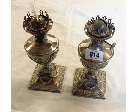 A pair of silver plated table oil lamps - R. E. &amp; S to burners