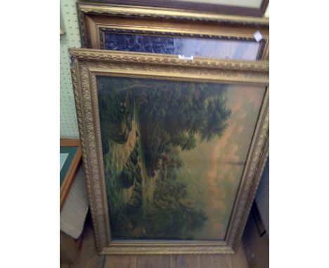 A selection of larger framed decorative pictures and prints, also an unframed Audubon swan re-print 