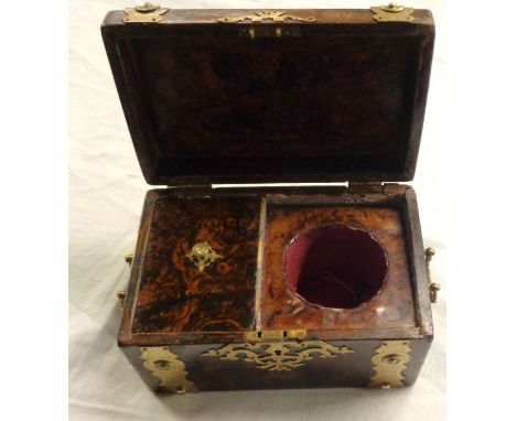 A mid 19th Century brass bound papier-mâché tea caddy of casket form, with painted burr walnut effect finish, single partitio