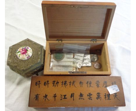 A wooden pen box with Chinese calligraphy to lid, a wooden moneybox with few coins, and a Japanese metal trinket box