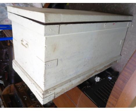 A 3' 7 1/2" late Victorian painted pine and iron bound lift-top travelling trunk with webbed tray fitted interior and flankin
