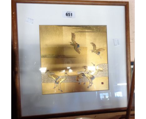 A vintage Japanese gold leaf and lacquer print of cranes with Yamayichi to verso