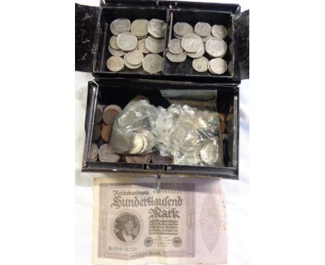 A vintage cash tin containing a quantity of mid 20th Century Great British coinage