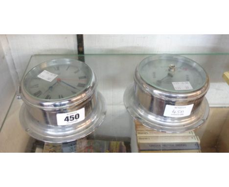 Matching Sestrel chrome plated cased small bulkhead timepiece and an aneroid barometer