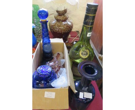 A quantity of glassware including an outsized Martell bottle, Holmegaard colbalt blue bottle vase, etc.