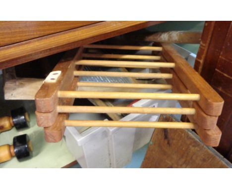 A vintage child's laundry outfit comprising Gem washboard, dolly, clothes airer, tub, flat iron and a box of pegs