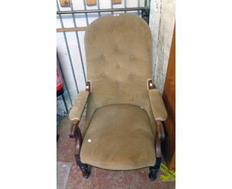 A Victorian mahogany part show frame drawing room open armchair with scroll terminals and button back velour upholstery, set 
