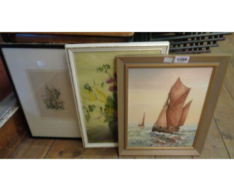 Marsha Heath: a gilt framed oil on board maritime painting entitled "Lowestoft Drifter" - sold with a still life of flowers a