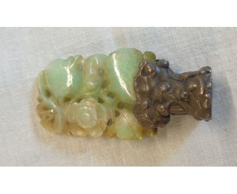 A carved jade and white metal mounted finial