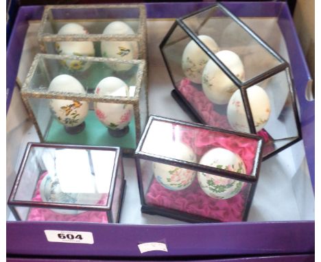 Five cased vintage Chinese painted chicken eggs