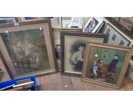 Two framed Pears style coloured prints - sold with two large vintage framed photographic portraits