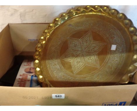 A box containing vintage wooden, silver plate, copper and brass trays