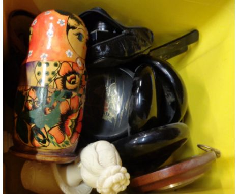 A box containing a quantity of collectable items including cameras, Russian matryoshka doll, barometer, etc.