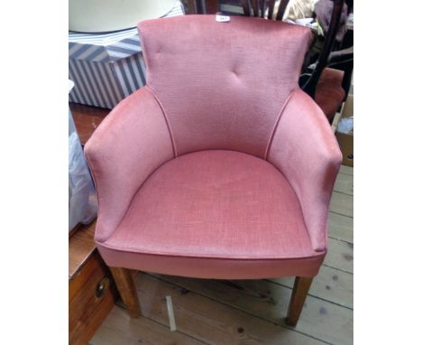 A vintage boudoir tub elbow chair with raised back and old rose velour upholstery, set on square front legs