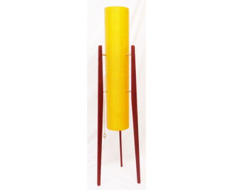 A retro freestanding rocket lamp with amber coloured fibreglass tubular shade, set on triple stained wood supports