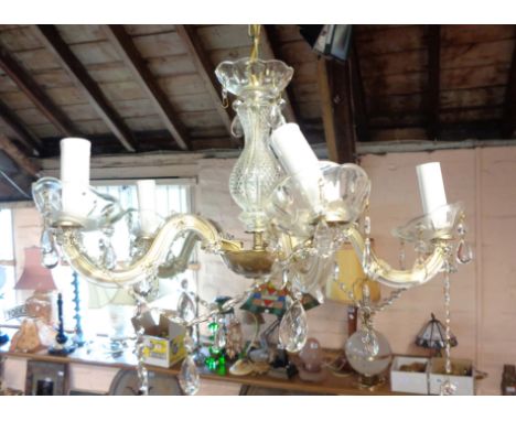 A glass and brassed hanging light fitting with faceted drops - damage