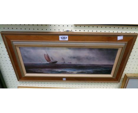 R. Hard: a framed oil on board, depicting various sailing and other vessels on menacing seas - signed - 6 1/4" X 17 3/4"