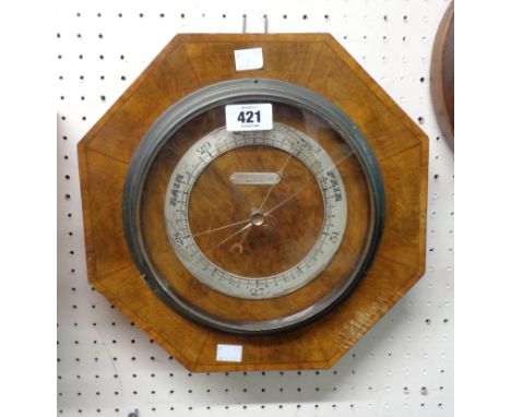 A 12" 1930`s walnut octagonal cased aneroid wall barometer by Pleasance &amp; Harper, Bristol - glass damaged, case scratched