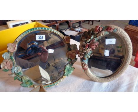 A vintage Barbola dressing table mirror with circular bevelled plate - sold with another with applied material floral decorat