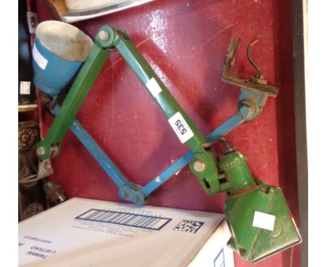 A vintage industrial adjustable workbench lamp with bracket base - sold with another similar without shade