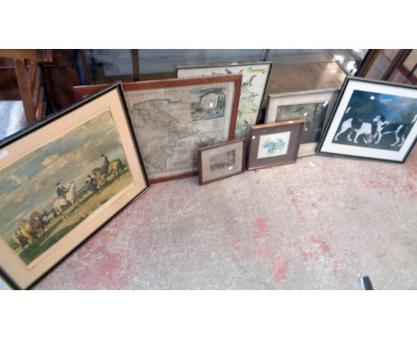 A quantity of framed pictures and prints, including map print of Devon, hunt photo, etc.