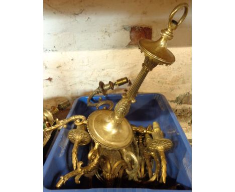 A box containing a pair of cast brass electric wall sconces, a five branch chandelier, etc.