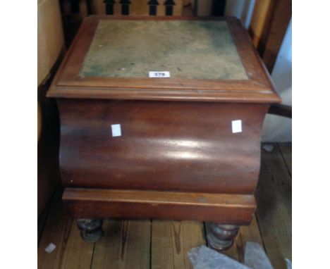 A Victorian mahogany step commode with remains of upholstery to lift top, china liner and pull out front, set on turned feet