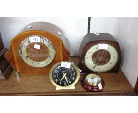 A vintage walnut and cross  banded cased mantel clock with HAC eight day chiming movement - sold with a small polished oak ca