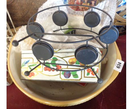 A selection of home ware including T.G. Green mixing bowl, carpet beater, egg cups, and a vintage ice cream scoop