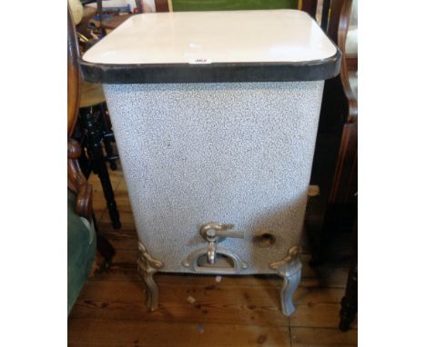 A 19 1/4" vintage Dean enamelled metal and aluminium gas fired dolly washing machine with lid and internal wooden drum lid, c