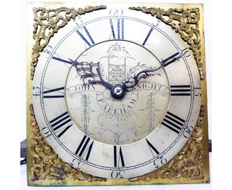 An antique longcase clock, the 10 3/4" brass and silvered square dial marked for John Knight of Fareham, with thirty hour bel