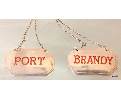 2 x matching silver and enamel set spirit labels