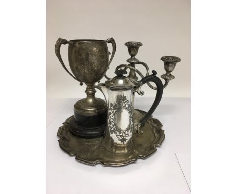 Four pieces of silver plated ware including a trophy cup for cribbage.