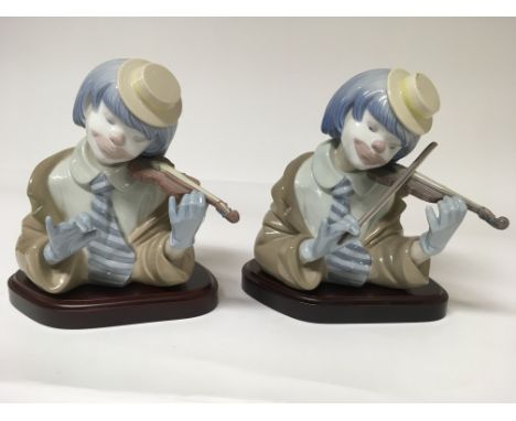 Two Lladro figure of a clown playing an instrument on a wooden base ( bow missing) (2)