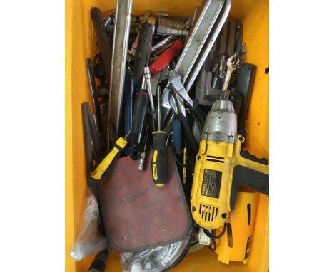 A Box containing collection of hand tools including spanners, grips, a Dewalt impact gun and a Record No. 6