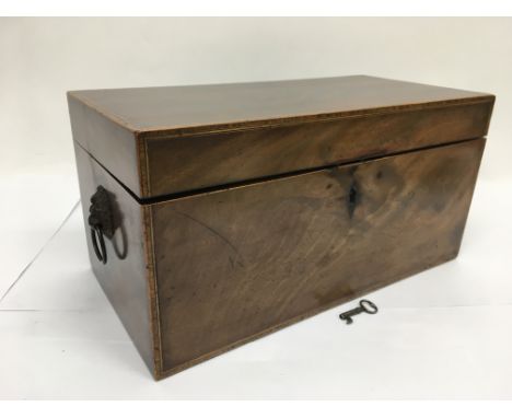 A burr walnut tea caddy with boxwood stringing, approx 39cm x 18cm x 18cm.