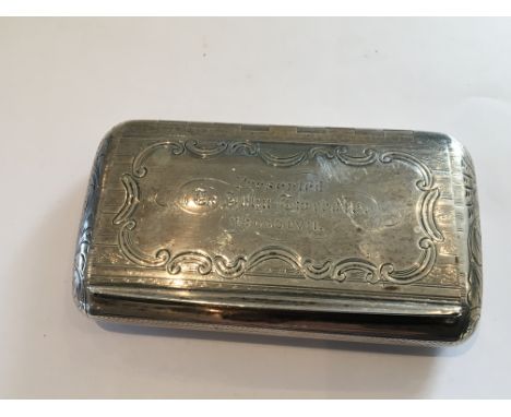 A Victorian silver snuff box the hinged lid with personal inscription. Presented to John Tweedie, Birmingham hallmarks for 18