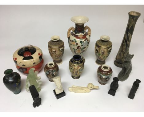 A small collection of oriental and other items including satsuma vases, jade type figure and carved models