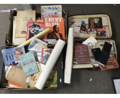 Two boxes and one small case of mixed ephemera including vintage magazines, tea cards, booklets and maps