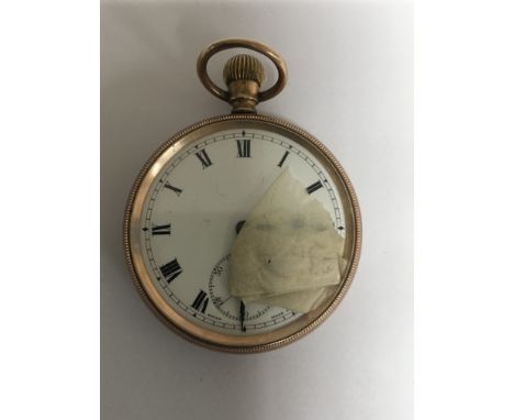 An 9 ct gold case pocket watch with button wind the enamel dial with Roman numerals