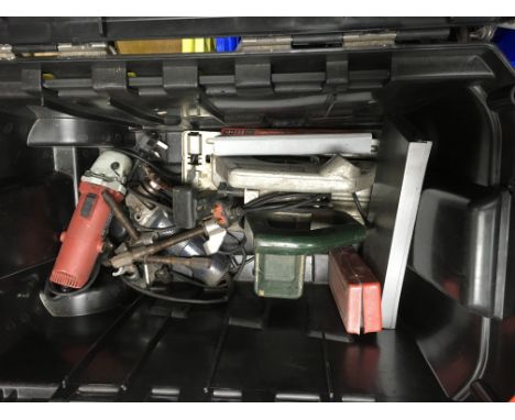 A box containing a collection of hand tools including angles grinders boxed hex bits, cam belt timing tools etc