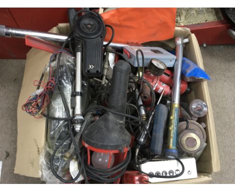 A box containing a collection of hand tools including torque wrenches, mig welding accessories etc
