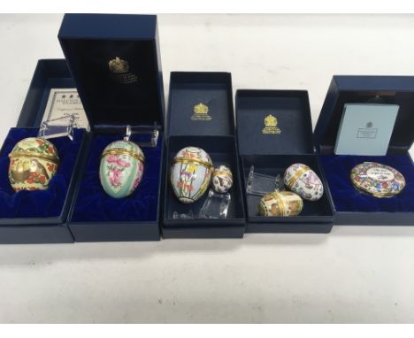 A collection of 3 ‘Halcyon Days’ enamel Easter boxes (dated 1996, 2001 & 1994) together with a pair of smaller Easter eggs an