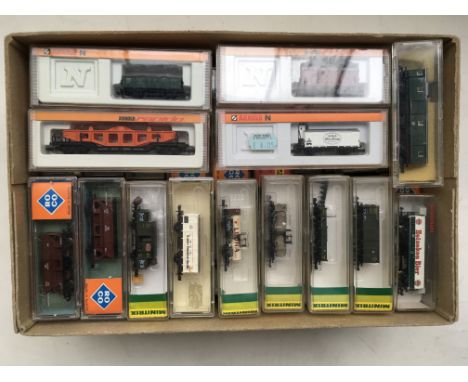 A collection of boxed " N " gauge railway goods wagons including Rock, Minitrix, Fleischmann, Arnold etc